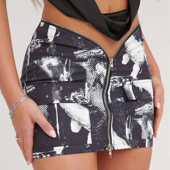 Ego Black & White Zip Front Bodycon Mini Skirt SZ L - Picture 6 of 7